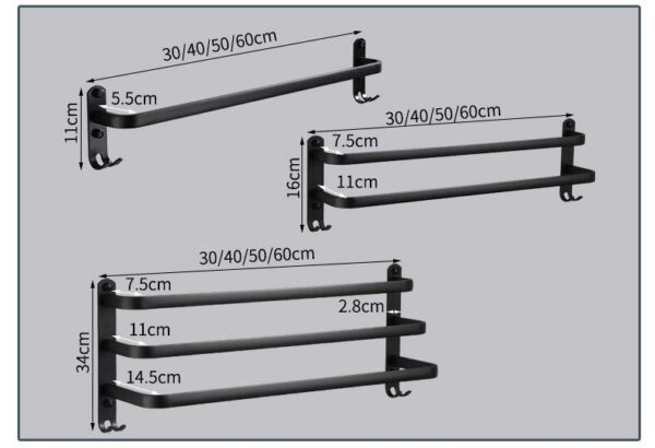 dimensions des portes serviettes une barre,2 barres et 3 barres